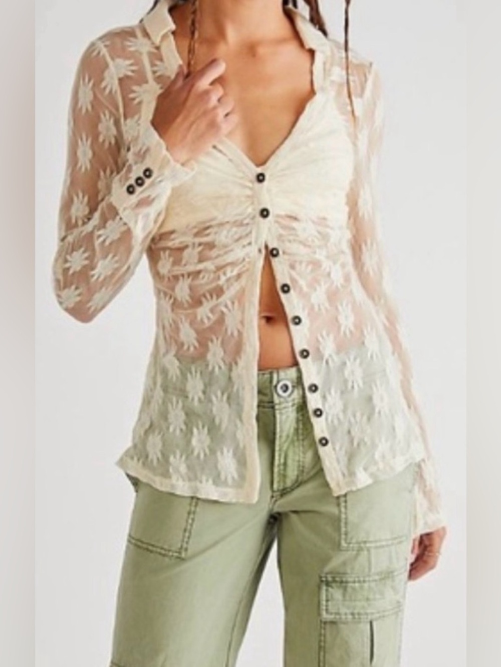 Free People Flower Fields Sheer Button Front Top Beige Small